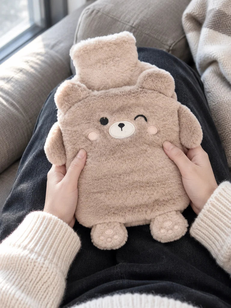 A close portrait photograph cropped at the waist, showing the beige bear-shaped Ondine hot-water bot