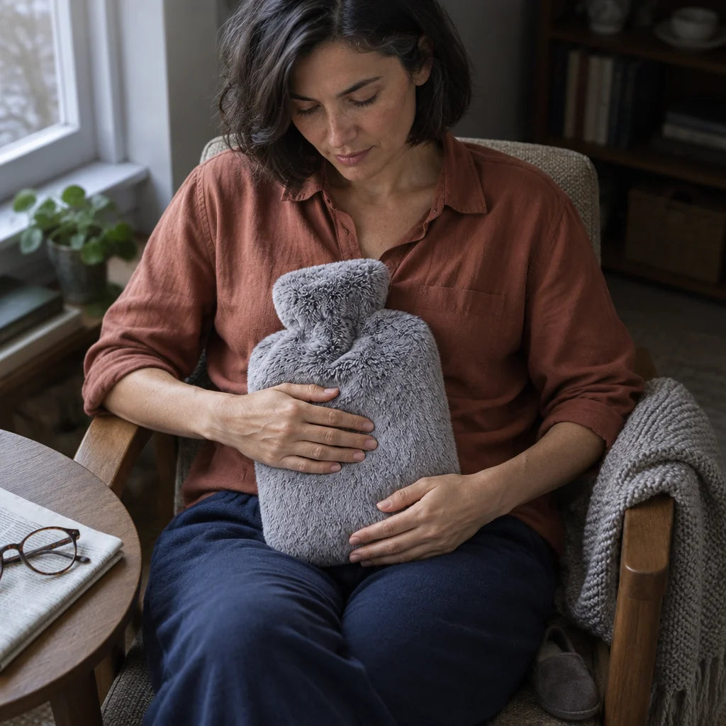 A square photograph in a small reading corner on a grey, cool morning. A 38-year-old French woman wi