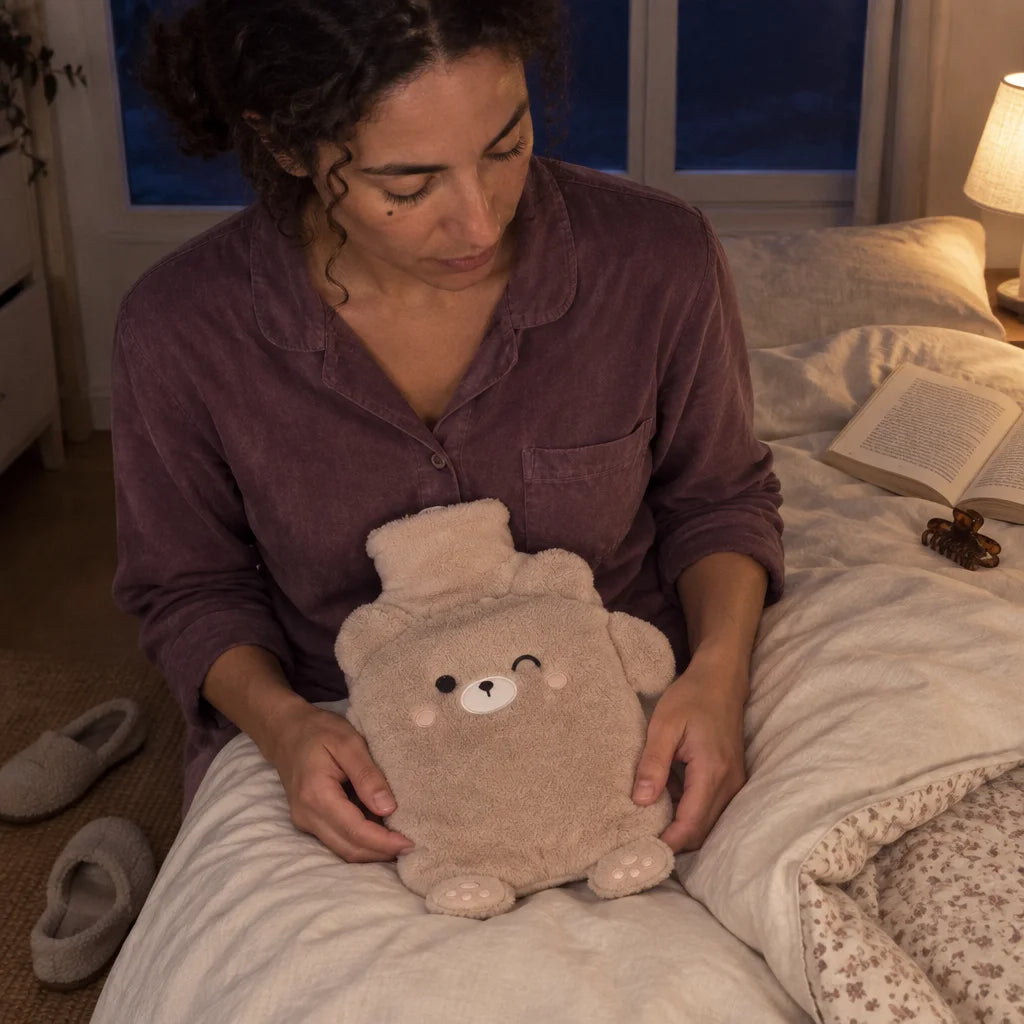 A photograph at bedtime in a small bedroom, cropped from the woman's shoulders to the folded duvet.