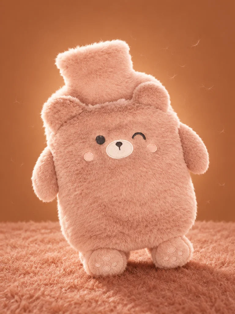 A portrait studio photograph of one complete rose-colored bear-shaped Ondine hot-water bottle, match