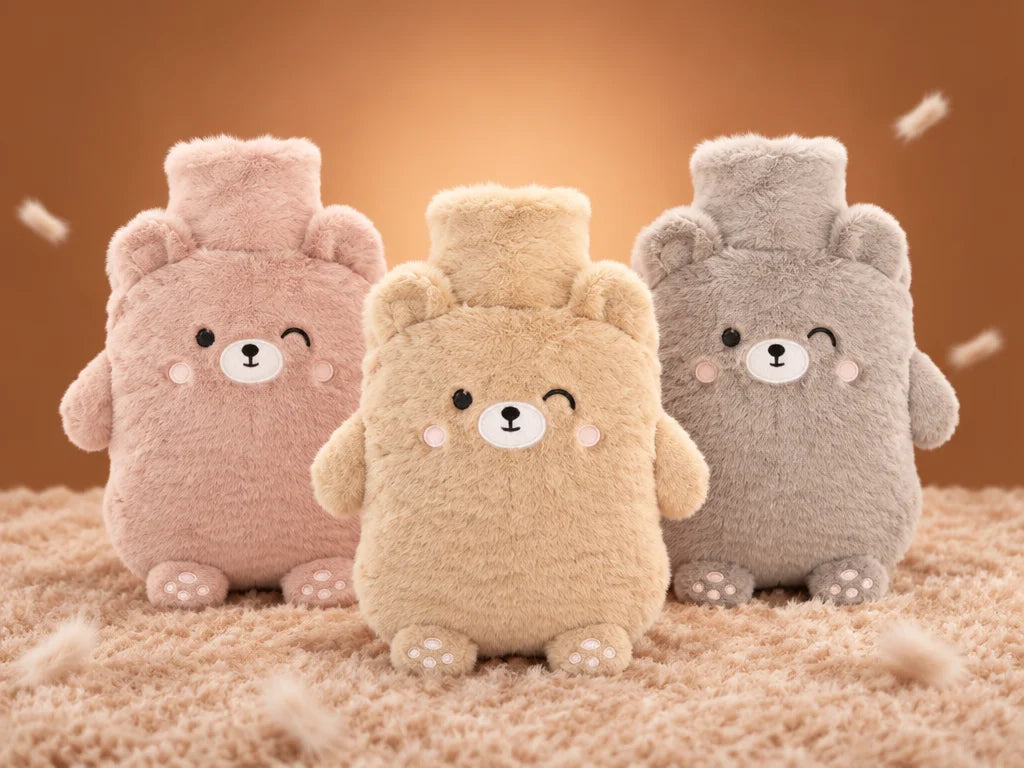A landscape studio photograph showing three complete bear-shaped Ondine hot-water bottles, all the s